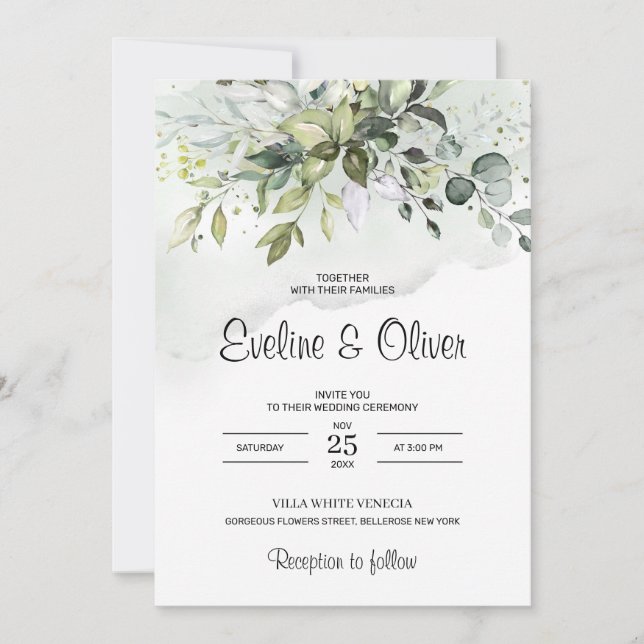 Boho greenery foliage eucalyptus pastel wedding invitation (Front)