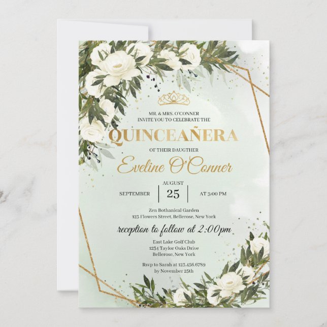 Boho Greenery foliage gold crown Quinceañera Invitation (Front)