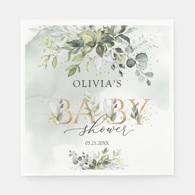 Boho greenery foliage gold letters baby shower napkin (Front)