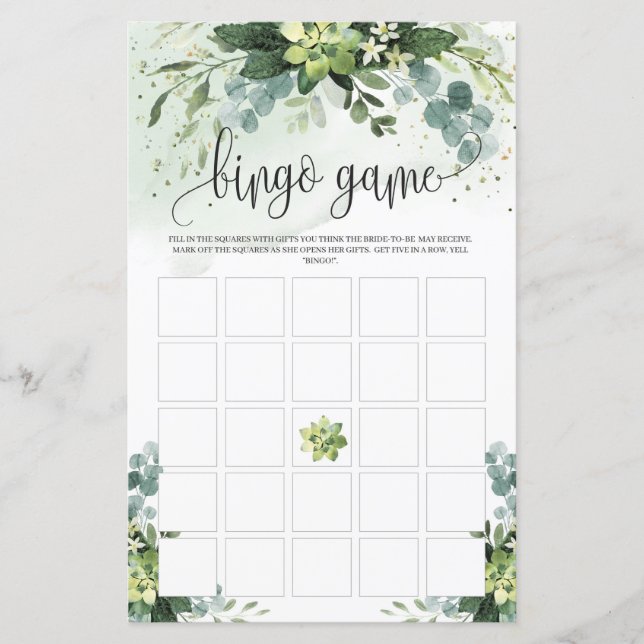 Boho greenery foliage succulent floral bingo game (Front)
