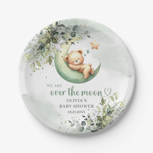 Boho greenery foliage teddy bear over the moon paper plate (Front)