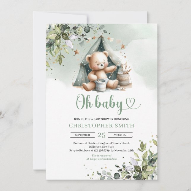 Boho greenery gender neutral teddy bear in tent invitation (Front)