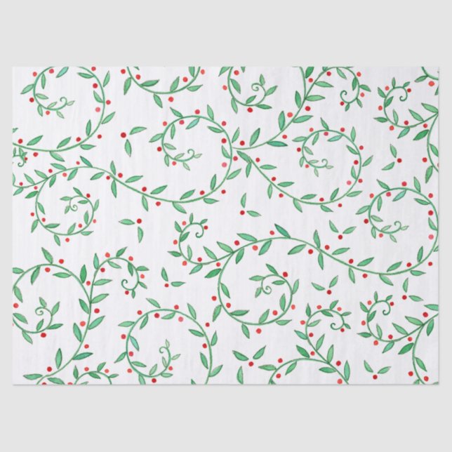 Boho Greenery Holly and Red Berries Christmas Tissue Paper (Front)