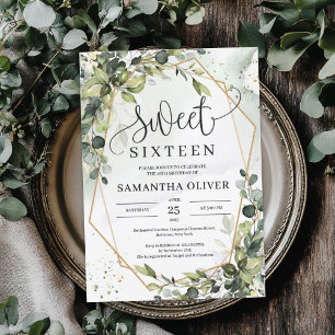 Boho greenery leaves gold geometric sweet sixteen invitation