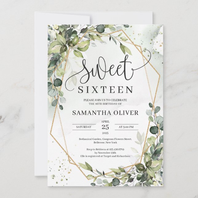 Boho greenery leaves gold geometric sweet sixteen invitation (Front)