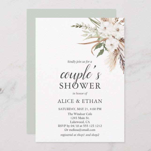 Boho Greenery Pampa Grass Couple Shower Invitation (Front/Back)
