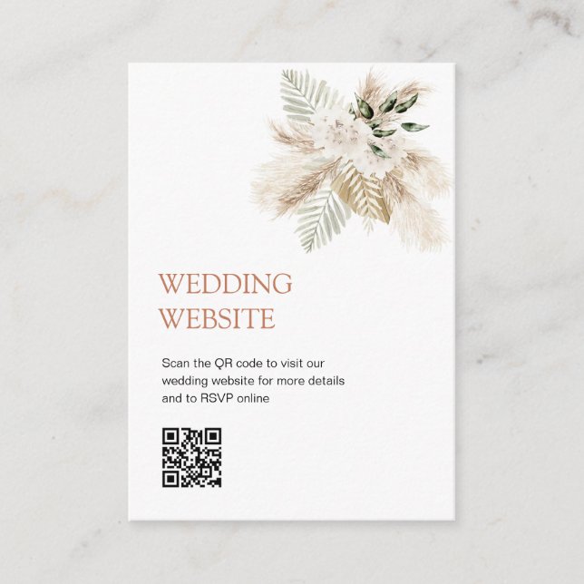 Boho greenery pampas grass QR code wedding website Enclosure Card (Front)