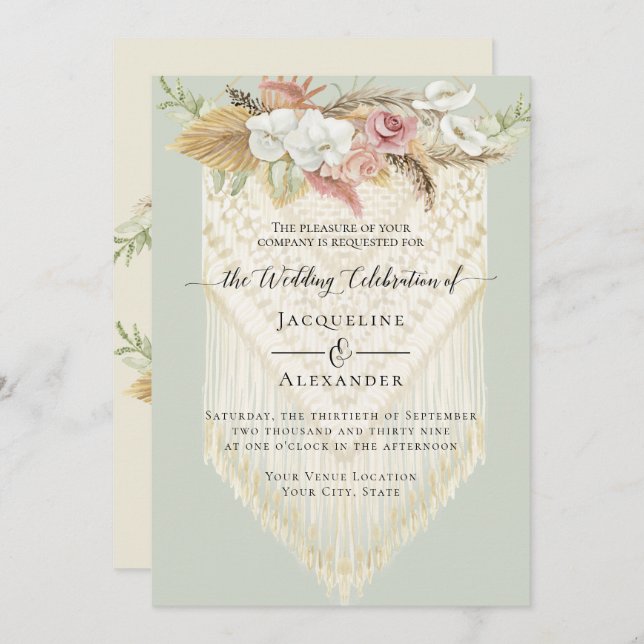 BOHO Greenery Pink Floral Pampas Mint Wedding Invitation (Front/Back)