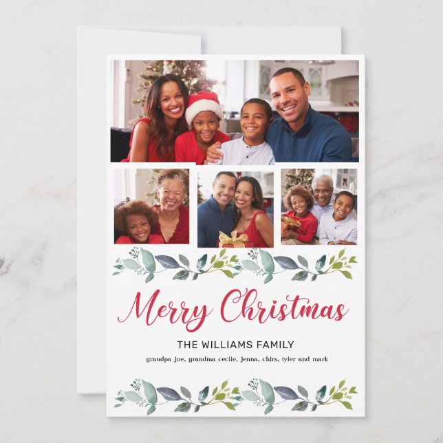 Boho Greenery Red Merry Christmas 4 Family Photo Holiday Card (Front)