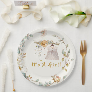 Boho Greenery Rustic Baby Girl   Paper Plate