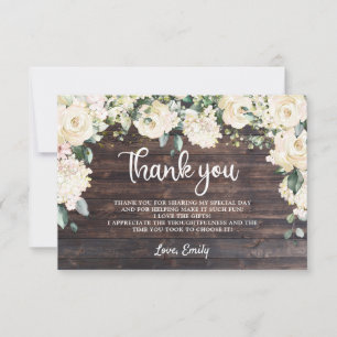 Boho greenery rustic wood white floral roses thank you card