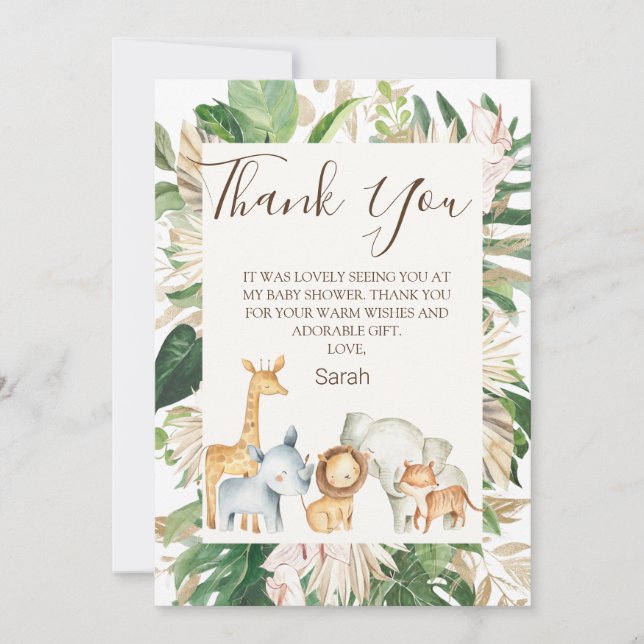 Boho Greenery Safari Baby Shower Thank You Card (Front)
