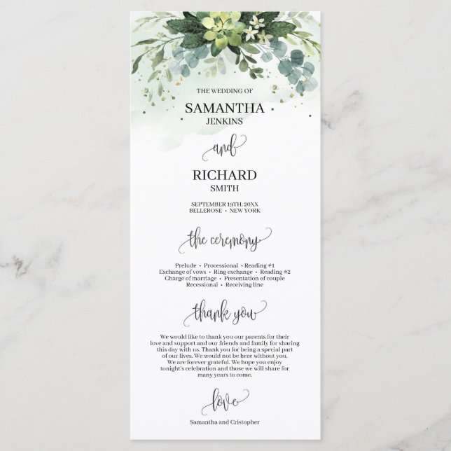 Boho greenery succulent eucalyptus wedding program programme (Front)