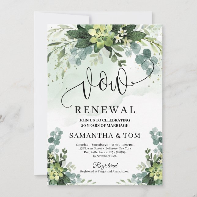 Boho greenery succulent floral foliage vow renewal invitation (Front)