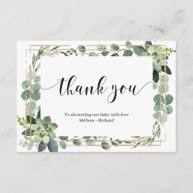 Boho greenery succulent leaves gold baby shower enclosure card (Front)