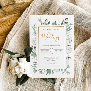 Boho Greenery Watercolor White Flowers Wedding Invitation