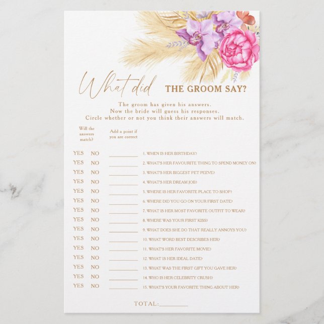 Boho greenery - What did the groom say bridal game (Front)