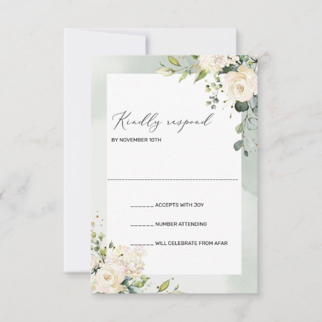Boho Greenery White Roses Hydrangeas Wedding RSVP Card (Front)