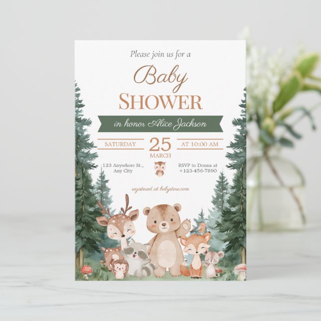 Boho Greenery Woodland Animals Baby Shower Invitation (Standing Front)
