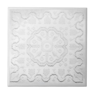 Boho Grey and White Faux Relief Flower Pattern Tile