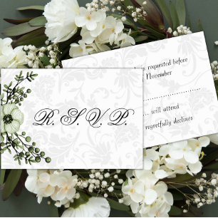 Boho Grey Damask and Green Floral Wedding RSVP
