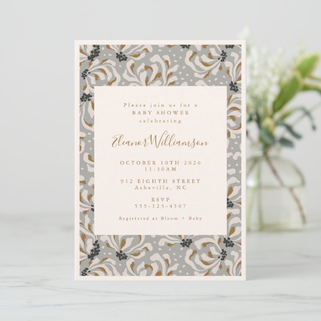 Boho Grey Gold Floral Botanical Baby Shower Invitation (Standing Front)