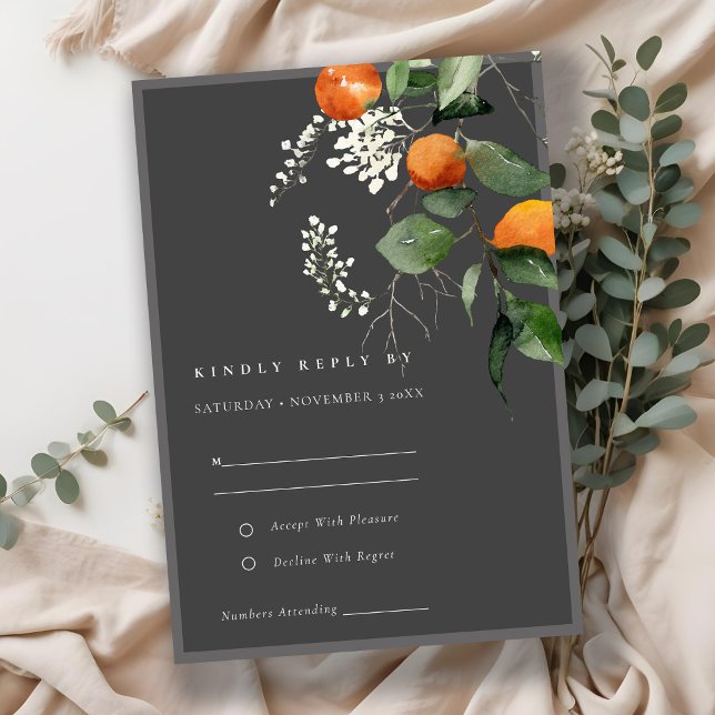 Boho Grey Orange Blossom Botanical Wedding RSVP Enclosure Card (Creator Uploaded)