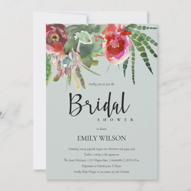 BOHO GREY PINK FLORAL CACTI FOLIAGE BRIDAL SHOWER INVITATION (Front)