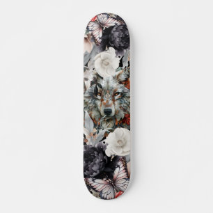 Boho Grey Wolf Gothic Florals &  Butterflies  Skateboard
