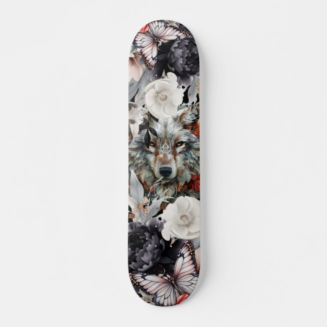 Boho Grey Wolf Gothic Florals &  Butterflies  Skateboard (Front)