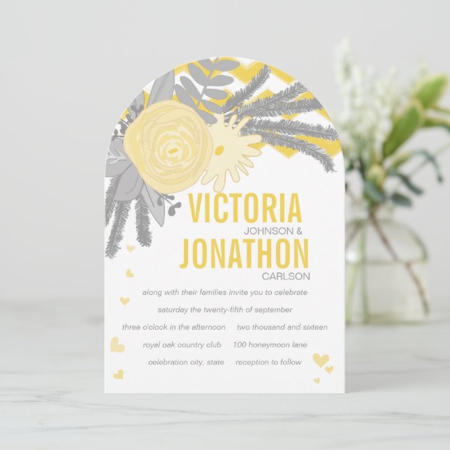 Boho Grey Yellow Zigzag Typography Wedding Invitation (Standing Front)