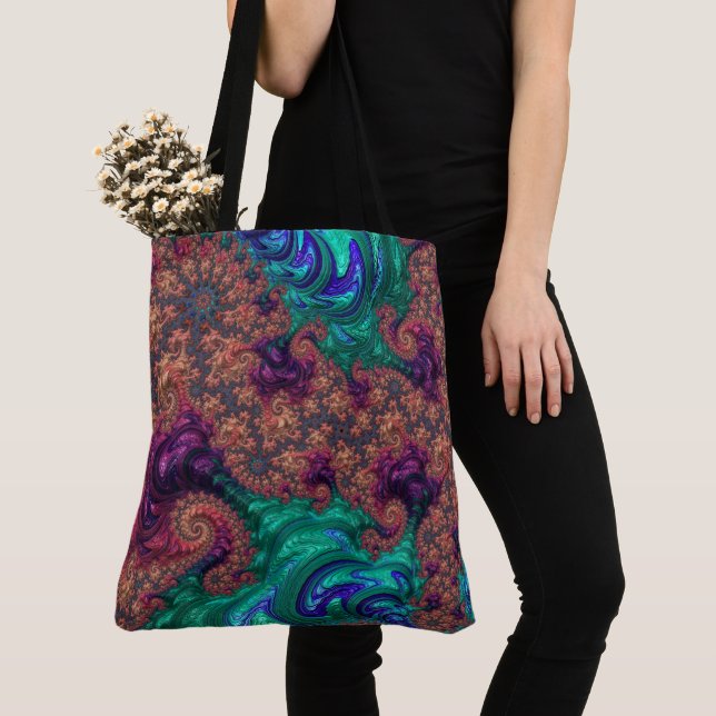 Boho Groovy Colourful Jewel Tone Abstract Fractal Tote Bag (Close Up)
