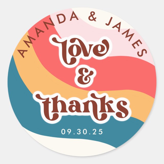 Boho Groovy Retro 70s Wedding Love & Thanks Classic Round Sticker (Front)