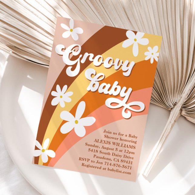 Boho Groovy Retro Daisies Rainbow Baby Shower Invitation (Creator Uploaded)