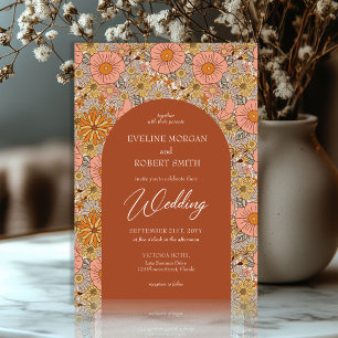 Boho groovy terracotta and pink flowers wedding invitation