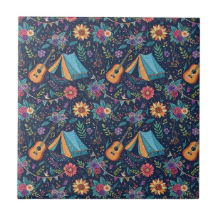 Boho Guitar Indie Folk Music Festival Floral Art Tile