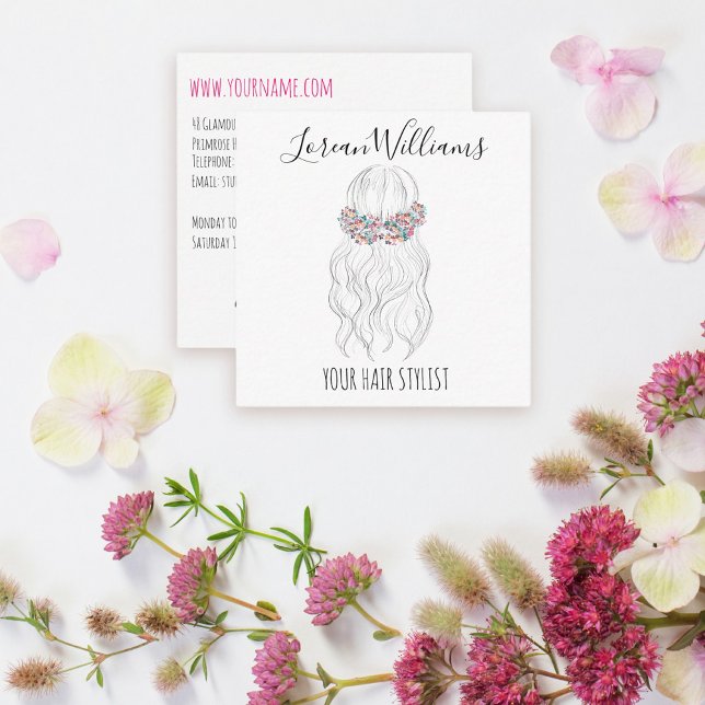 Boho Hair Wedding Hairdresser Floral Romantic   Square Business Card (Creator Uploaded)