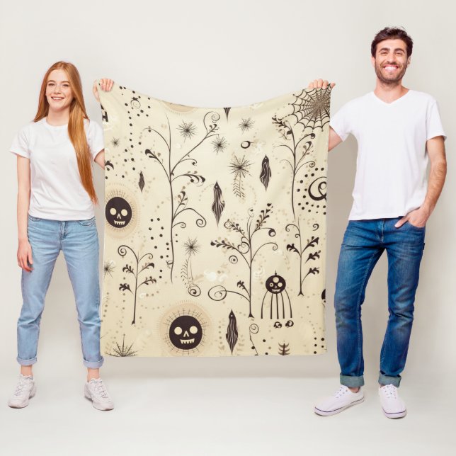 Boho Halloween Masks & Botanical Swirls Pattern Fleece Blanket (In Situ)