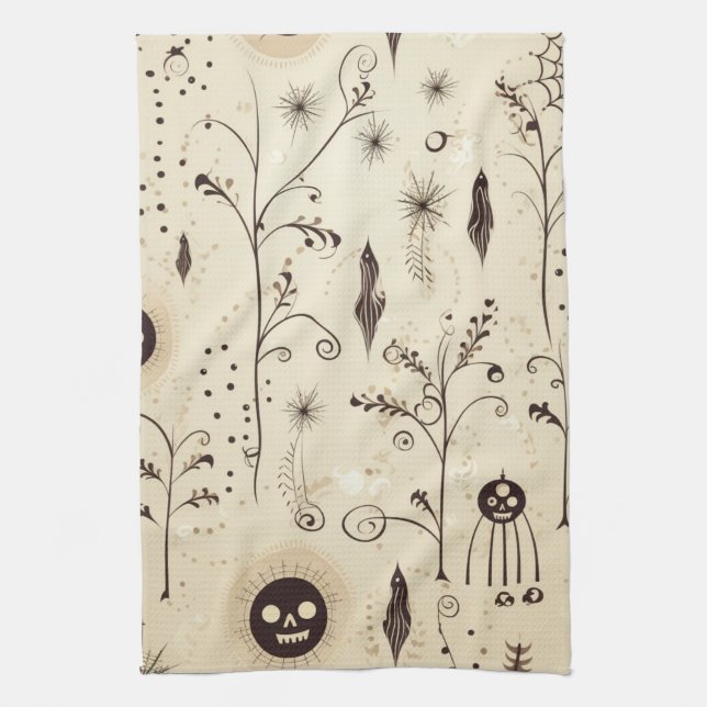 Boho Halloween Masks & Botanical Swirls Pattern Tea Towel (Vertical)