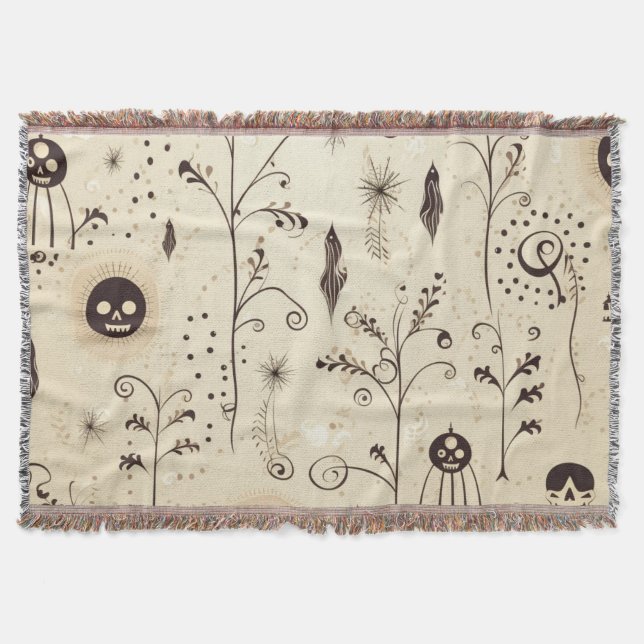 Boho Halloween Masks & Botanical Swirls Pattern Throw Blanket (Front)