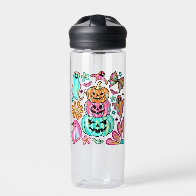 Boho Halloween Pumpkin Ghost Water Bottle (Front)