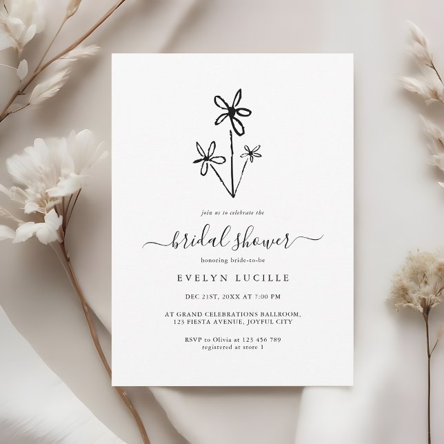Boho Hand Drawn floral Minimalist Bridal Shower Invitation (Creator Uploaded)
