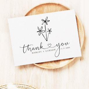 Boho Hand Drawn Floral Script Heart Wedding Thank You Card