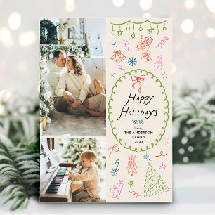 Boho Hand Drawn Happy Holidays 2 Photo  Holiday Card