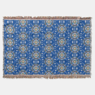Boho Hand Drawn Mandala Blue Mustard Colourful Throw Blanket