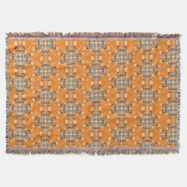 Boho Hand Drawn Mandala Orange Colourful Throw Blanket (Front)