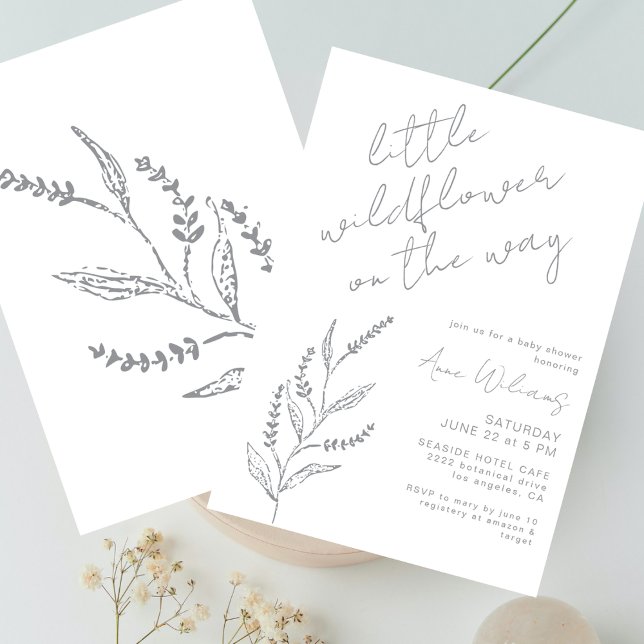 Boho Hand-drawn Wildflower White Grey Baby Shower Invitation (Creator Uploaded)