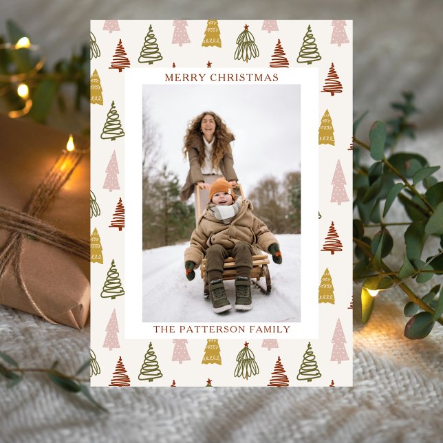 Boho Hand Drawn Winter Wood Pines Photo Christmas Holiday Card (Creator Uploaded)