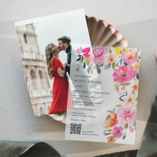 Boho Hand-Painted Floral QR Code Wedding Vellum Invitations