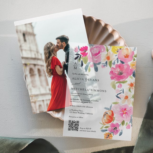 Boho Hand-Painted Floral QR Code Wedding Vellum Invitations (Boho Hand-Painted Floral QR Code Wedding Vellum Invitations)
